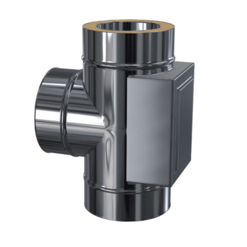 Edelstahlschornstein Pr&uuml;f&ouml;ffnung mit T-Anschluss 90&deg; gegen&uuml;berliegend DW 150 mm Standard Plus 0,5 mm