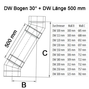 Edelstahlschornstein Bogen / Winkel 30&deg; DW &Oslash; 80 - 300 mm