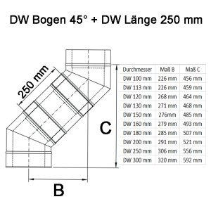 Edelstahlschornstein Bogen / Winkel 45&deg; DW &Oslash; 80 - 300 mm
