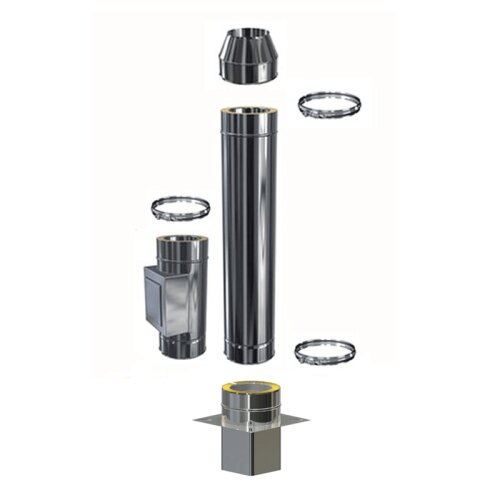 Edelstahl Schornsteinverl&auml;ngerung Einschub eckig DW 120 mm 1,0 m mit zus&auml;tzlicher Pr&uuml;f&ouml;ffnung / M&uuml;ndungsabschluss konisch Standard 0,5 mm