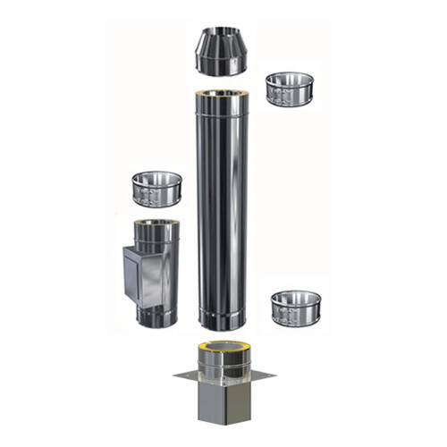 Edelstahl Schornsteinverl&auml;ngerung Einschub eckig DW 120 mm 1,0 m mit zus&auml;tzlicher Pr&uuml;f&ouml;ffnung / M&uuml;ndungsabschluss konisch Premium 0,6 mm