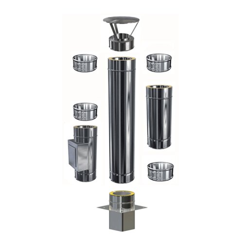 Edelstahl Schornsteinverlängerung Einschub eckig DW 120 mm 1,5 m mit zusätzlicher Prüföffnung / Regenhaube Premium 0,6 mm