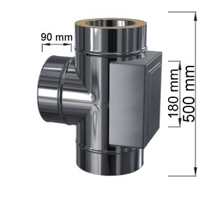 Edelstahlschornstein Pr&uuml;f&ouml;ffnung mit T-Anschluss 90&deg; gegen&uuml;berliegend DW 130 mm Premium 0,6 mm