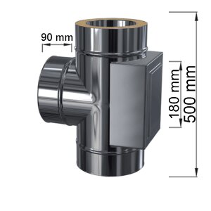 Edelstahlschornstein Pr&uuml;f&ouml;ffnung mit T-Anschluss 90&deg; gegen&uuml;berliegend DW 150 mm Standard Plus 0,5 mm