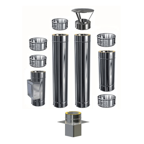 Edelstahl Schornsteinverl&auml;ngerung Einschub eckig DW 300 mm 2,5 m mit zus&auml;tzlicher Pr&uuml;f&ouml;ffnung / Regenhaube Premium 0,6 mm