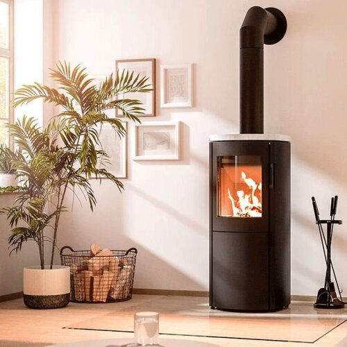 Drooff FARINI Kaminofen 6,0 kW &ndash; mit Naturstein-Topplatte &amp; Soft-Close-Holzfacht&uuml;r