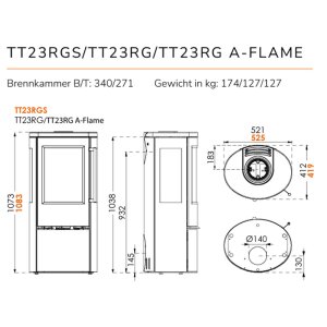 Kaminofen TermaTech TT23RG-Serie mit 3-seitiger Verglasung, 5,6 kW