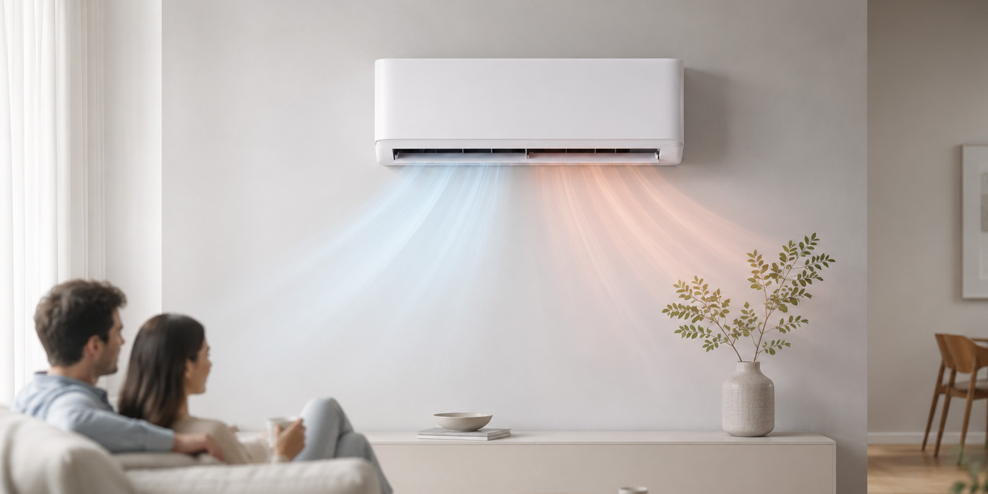 Klimaanlage zum Kühlen und Heizen in einem modernen Wohnraum